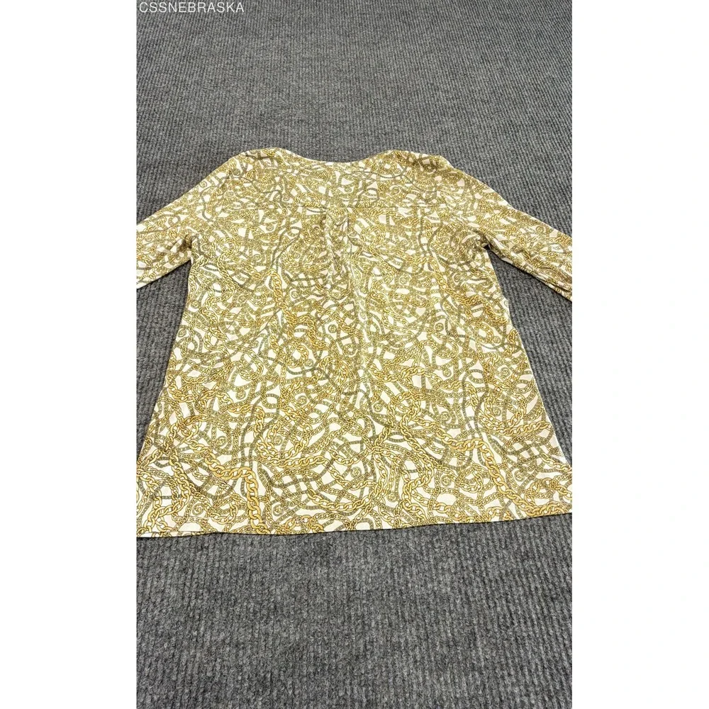 Michael Kors Yellow Women's Blouse Gold Chain Link Print Zip Front Top - Medium